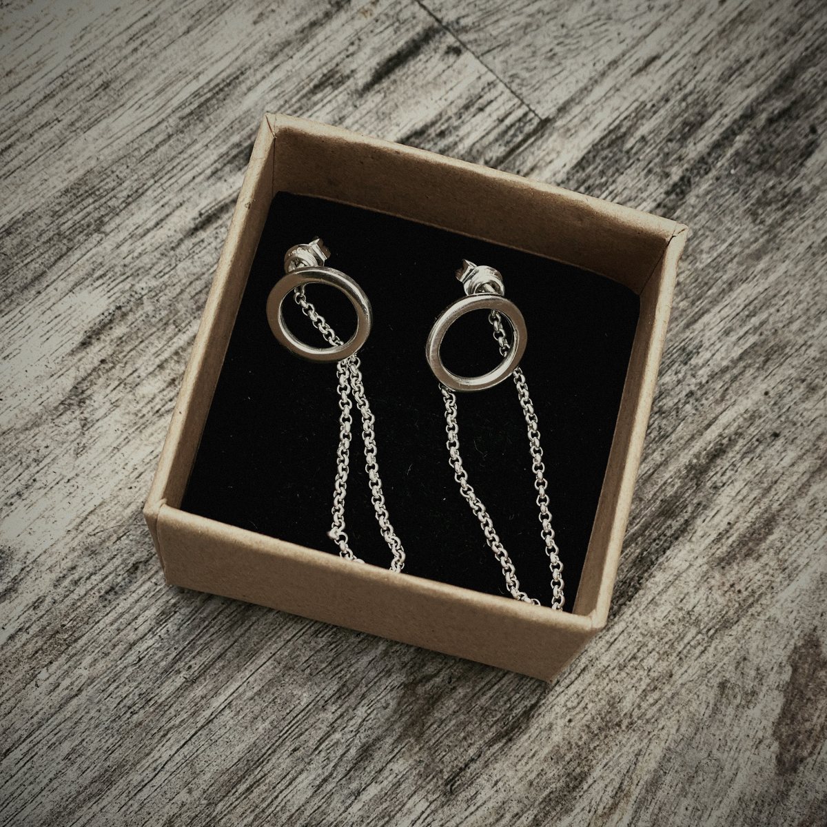 Zilveren oorhangers met ring en kettinkjes in een doosje